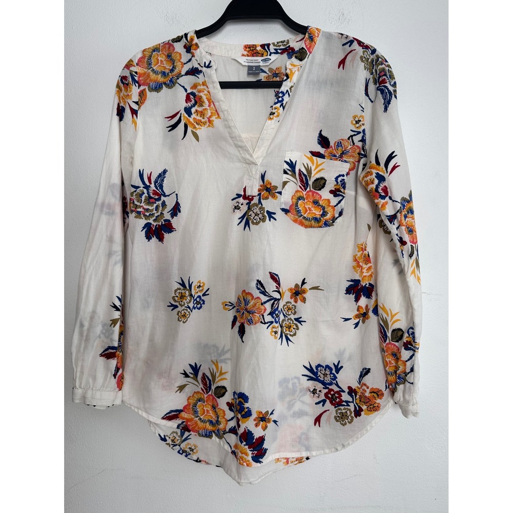Old Navy Floral Tunic Blouse Womens SM Cream Artsy Boho Chic Earthy Relaxed